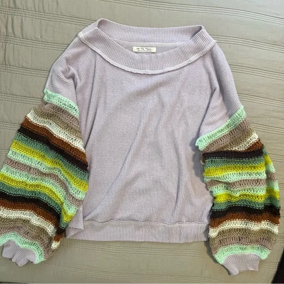 We The Free Lavender Sweater with Striped Sleeves - Picture 2 of 6